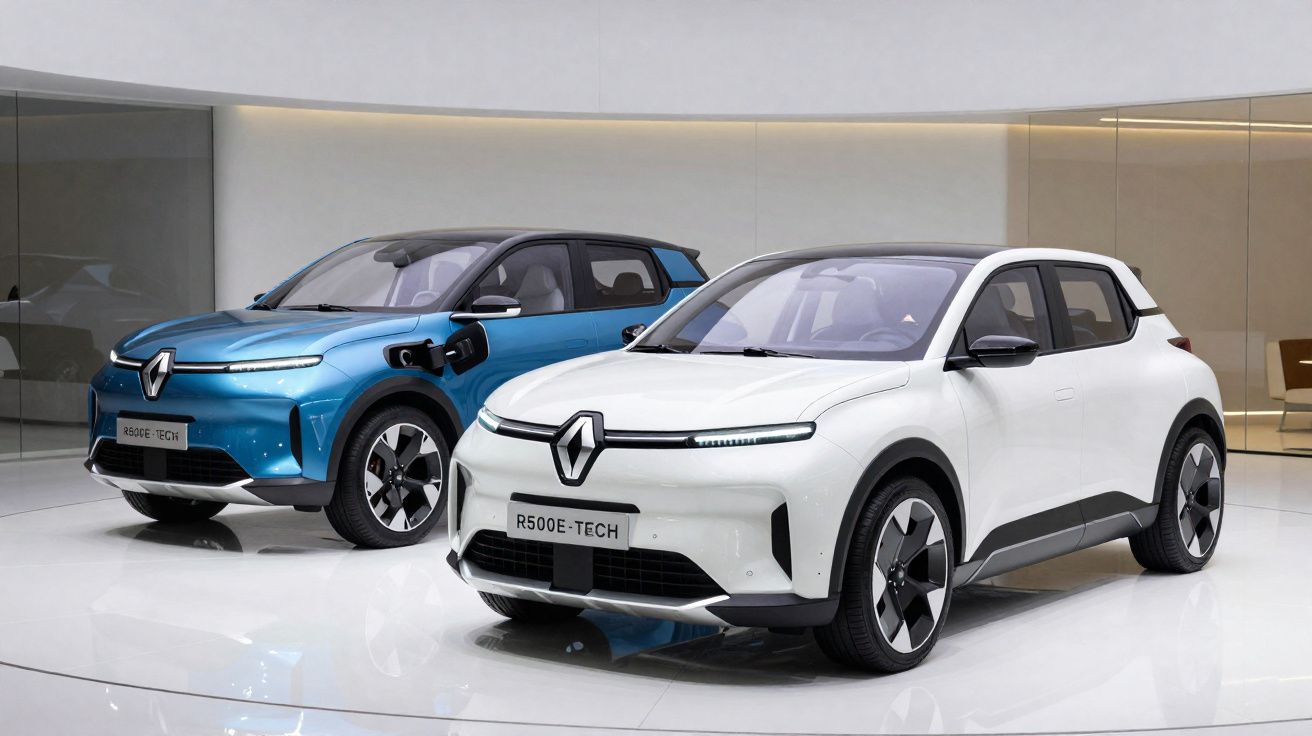 Deux voitures électriques Renault R500E-Tech, une blanche et une bleue, exposées dans un showroom moderne.