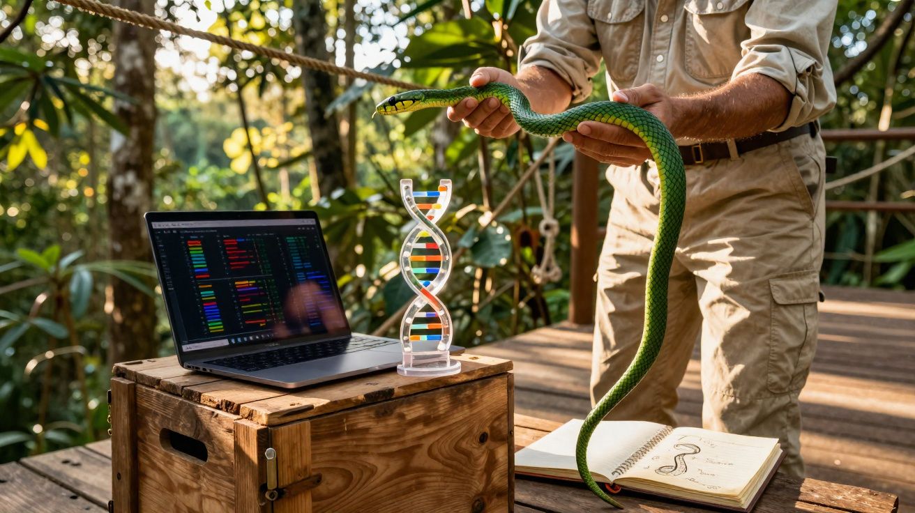 Chercheur en plein air tenant un serpent vert près d'un ordinateur, d'un modèle d'ADN et d'un carnet de notes.