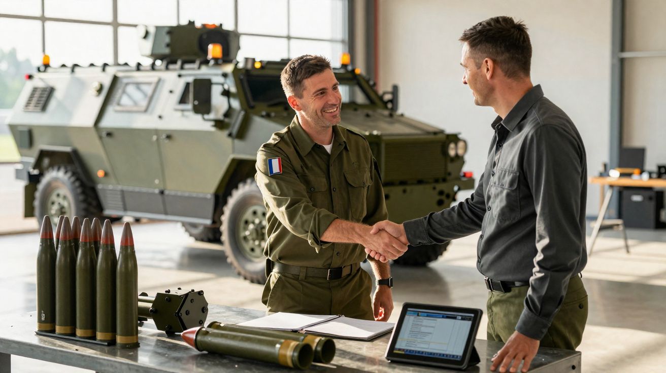 Deux hommes se serrant la main près de munitions et d'un véhicule militaire blindé dans un hangar.
