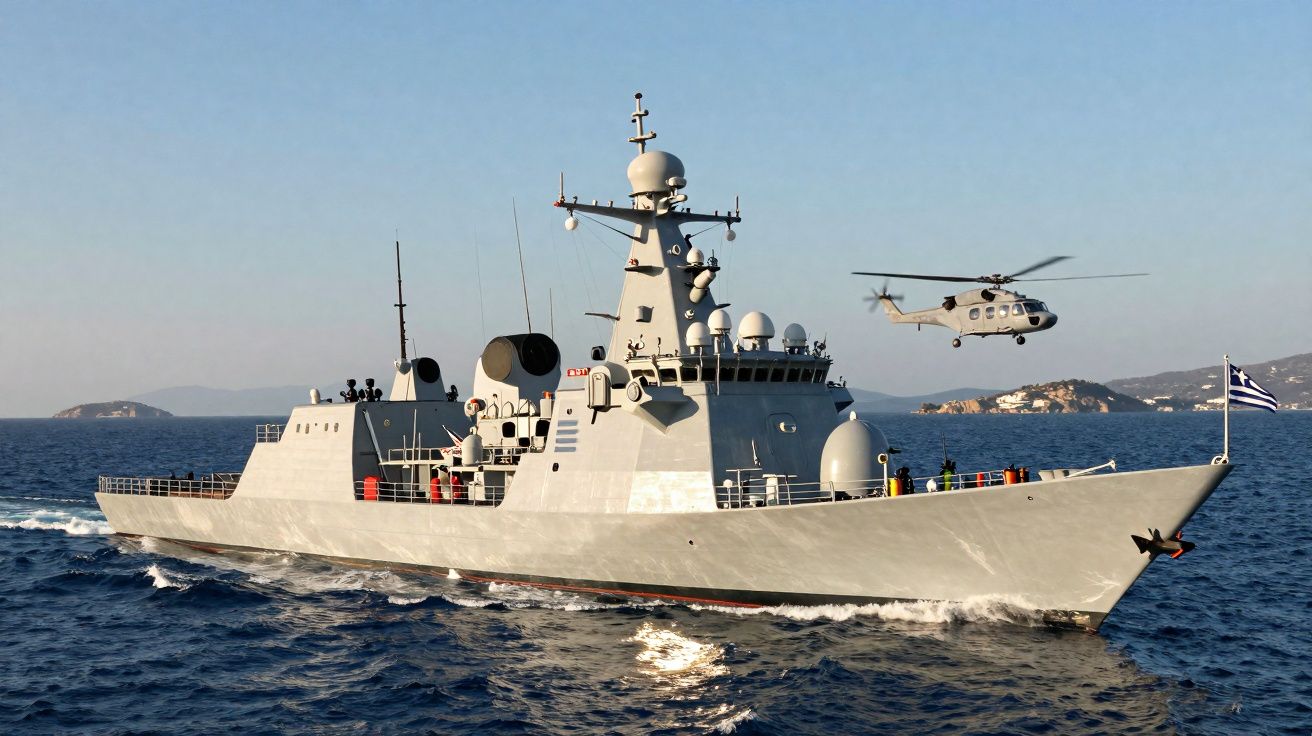 Frégate militaire grecque en mer Méditerranée avec un hélicoptère volant à proximité, drapeau grec à la proue.