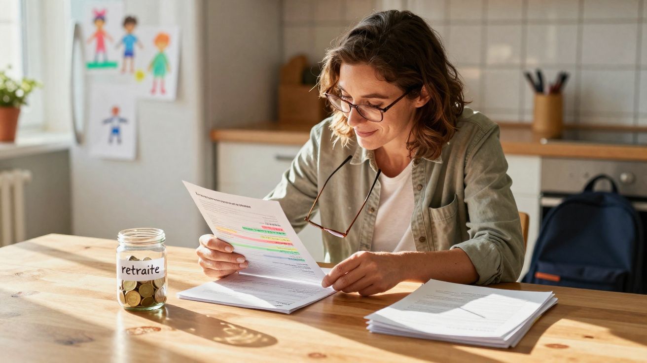 Femme lisant des documents à une table avec un bocal de pièces marqué « retraite » dans une pièce lumineuse.