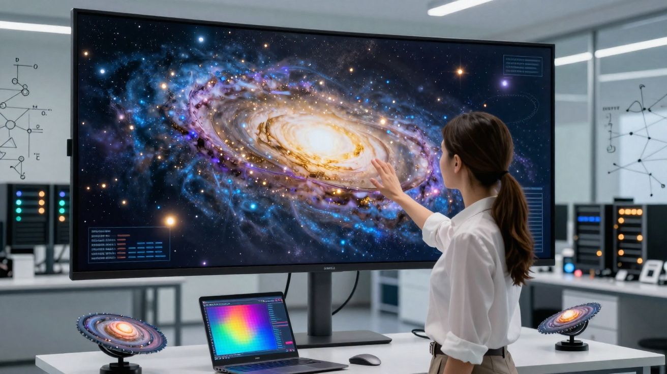 Femme en blouse blanche touchant un écran affichant une galaxie spirale dans un laboratoire moderne.