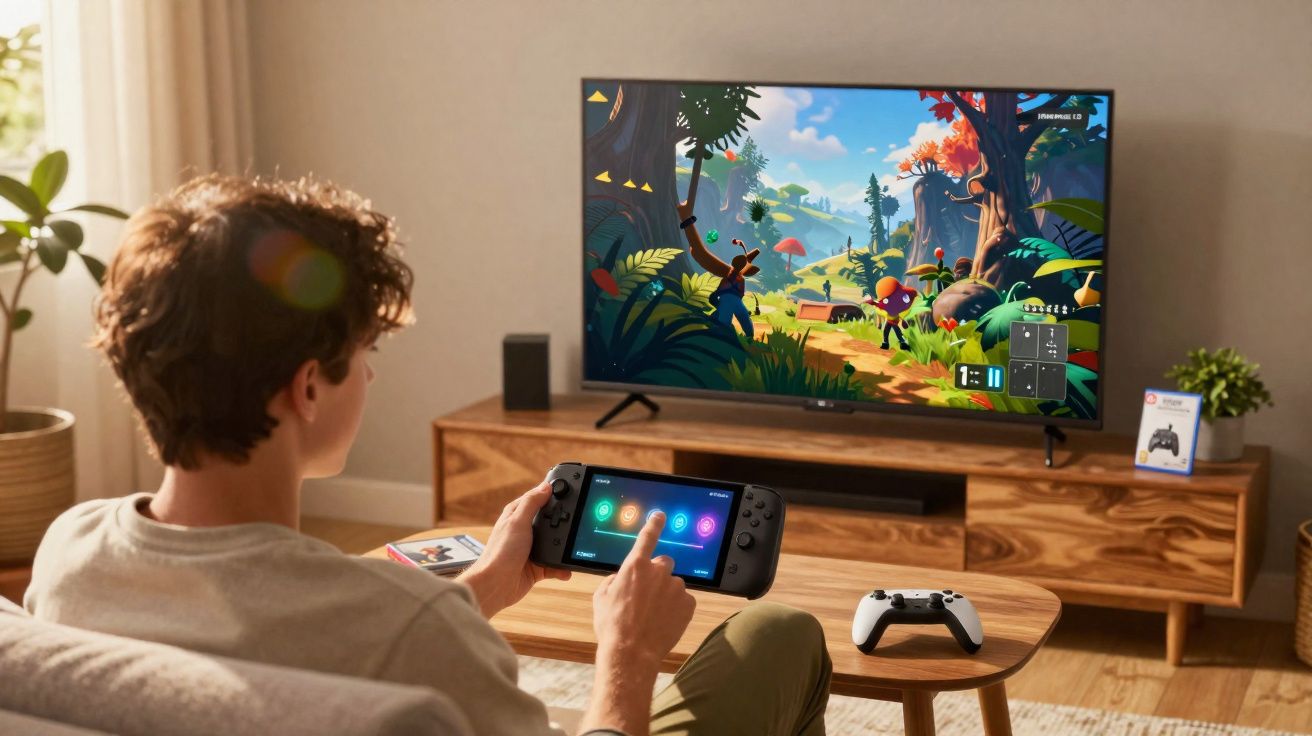 Jeune homme jouant à un jeu vidéo coloré sur une console portable devant une télévision allumée.