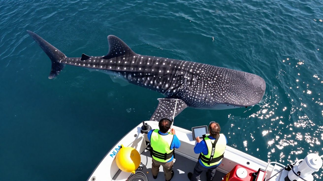 Requin-baleine nageant près d'un bateau avec deux hommes en gilets de sauvetage observant la créature marine.