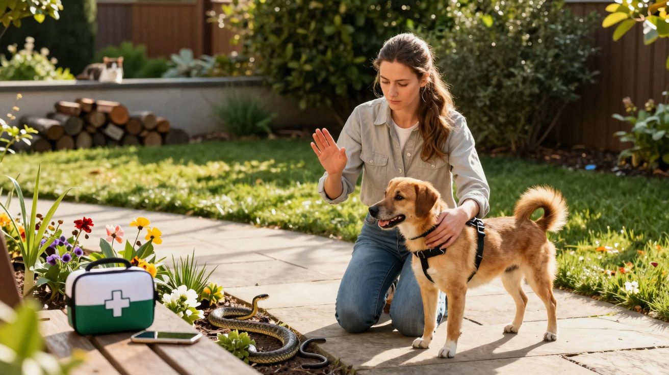 Une femme apprivoise un chien pour l’éloigner d’un serpent venimeux dans un jardin.