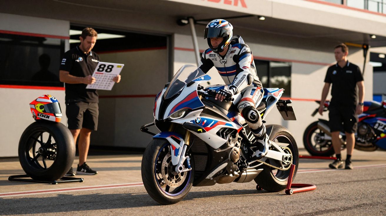 Motard en combinaison blanche sur une moto de course dans un stand avec mécaniciens en arrière-plan.