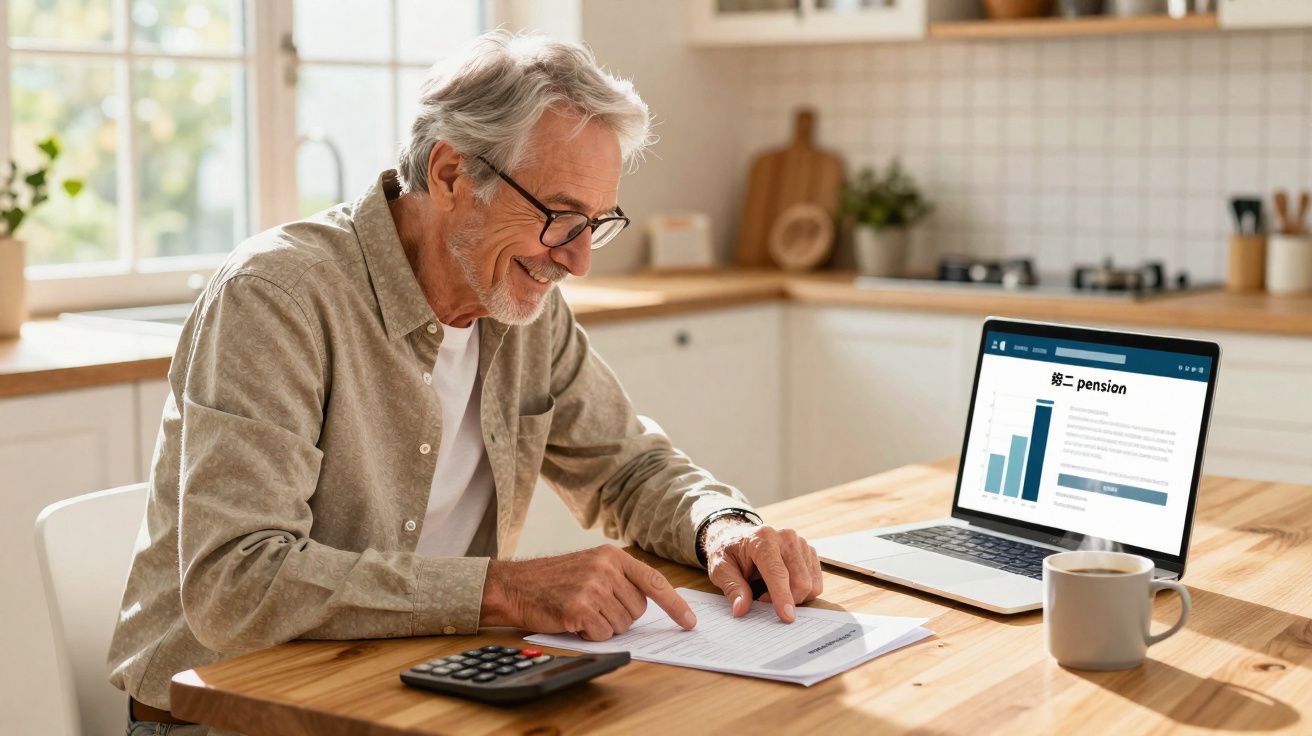 Homme âgé souriant travaillant sur ses finances avec documents, calculatrice et ordinateur portable à la cuisine.