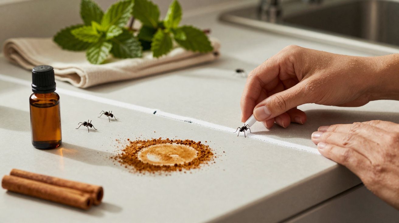 Mains retirant une fourmi noire avec une pince sur un plan de travail avec épices, huile essentielle et plantes.