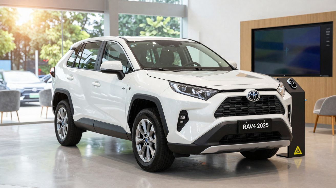 Toyota RAV4 2025 blanc exposé en intérieur, vue avant trois-quarts.