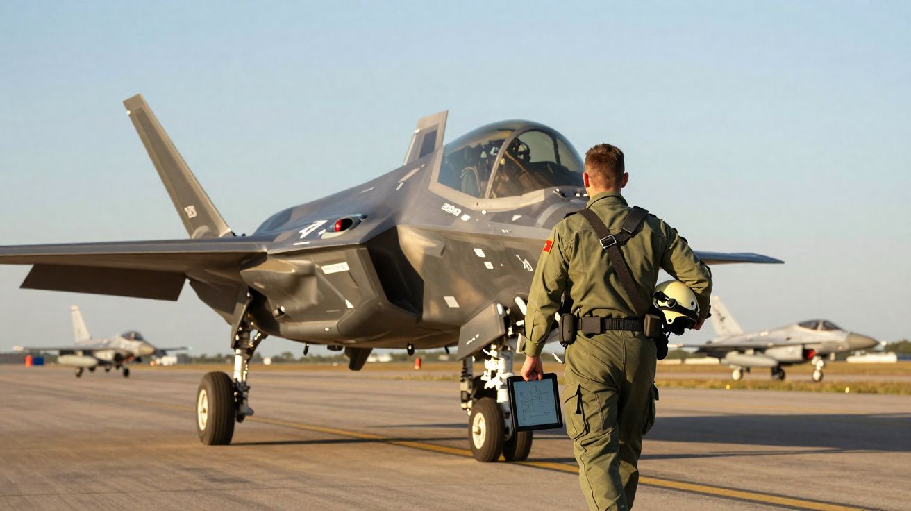 Un pilote militaire en combinaison marche vers un avion de chasse furtif stationné sur la piste.