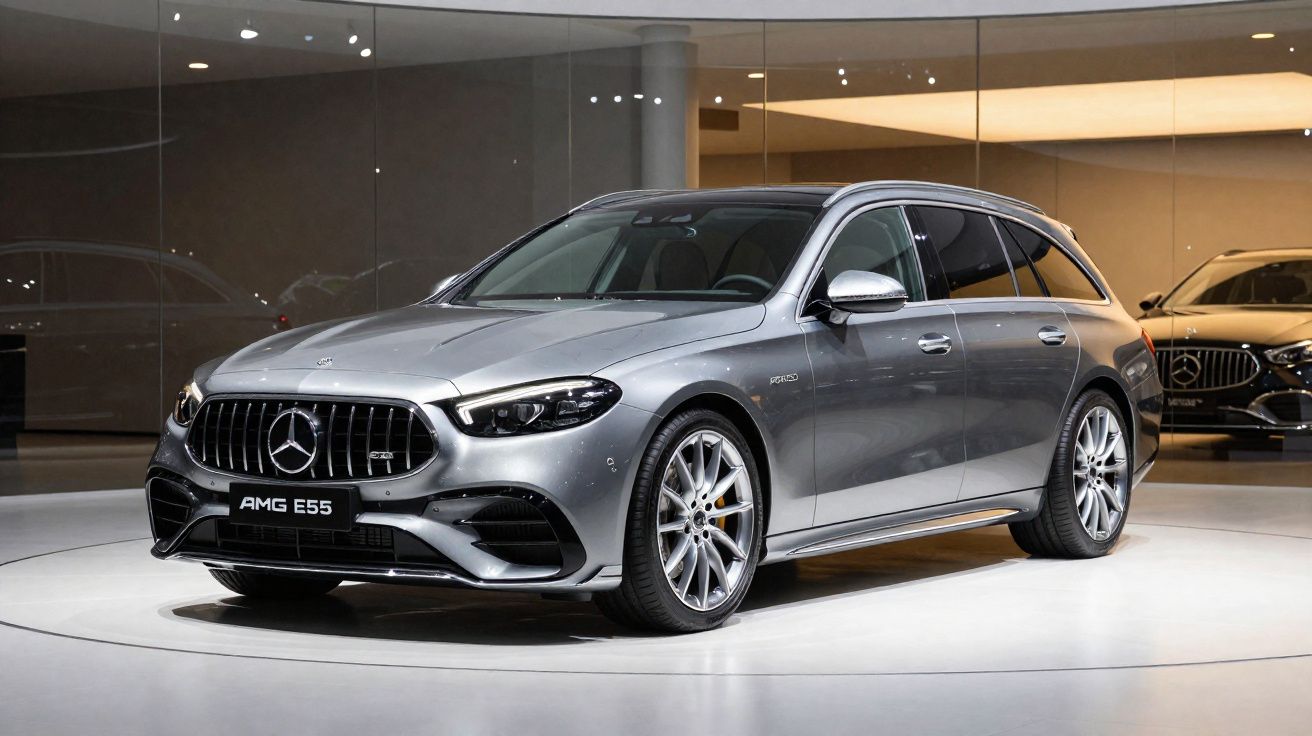 Voiture break Mercedes-Benz AMG E55 grise exposée en intérieur sur un sol blanc et éclairage moderne.