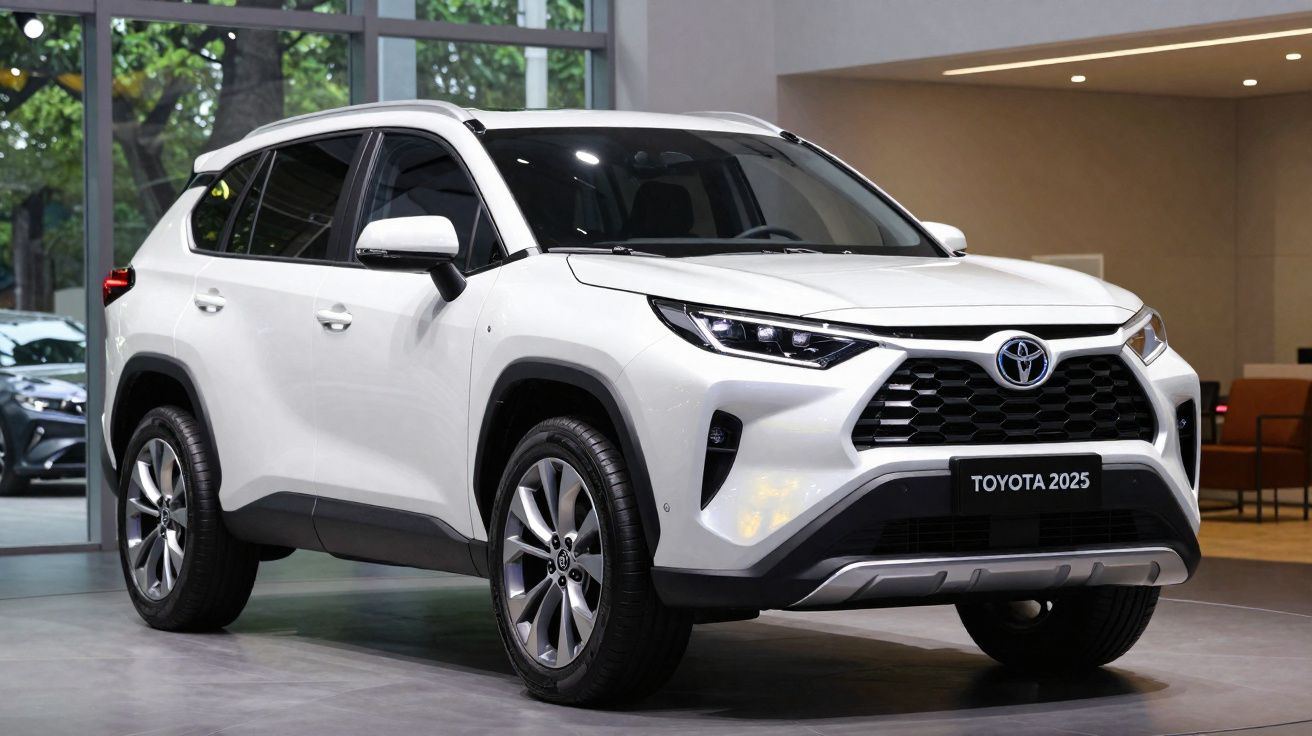 Véhicule SUV blanc Toyota 2025 exposé en intérieur, style moderne avec phares LED et calandre noire.