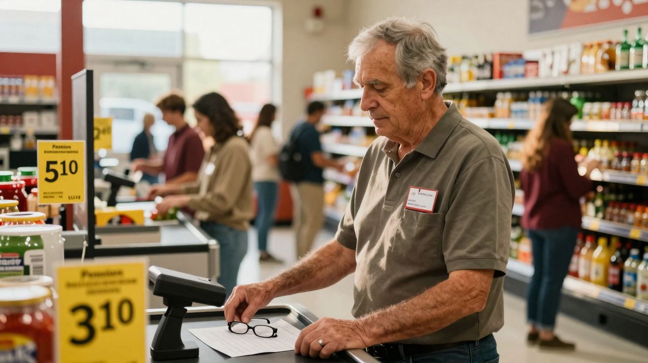 Homme âgé en train de scanner des articles à la caisse dans un supermarché lumineux et fréquenté.
