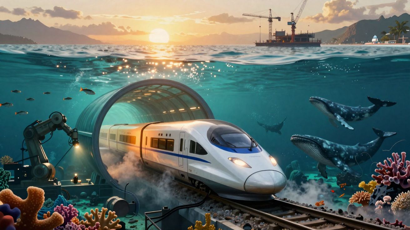Train à grande vitesse entrant dans un tunnel sous-marin entouré de coraux, poissons et baleines au coucher du soleil.