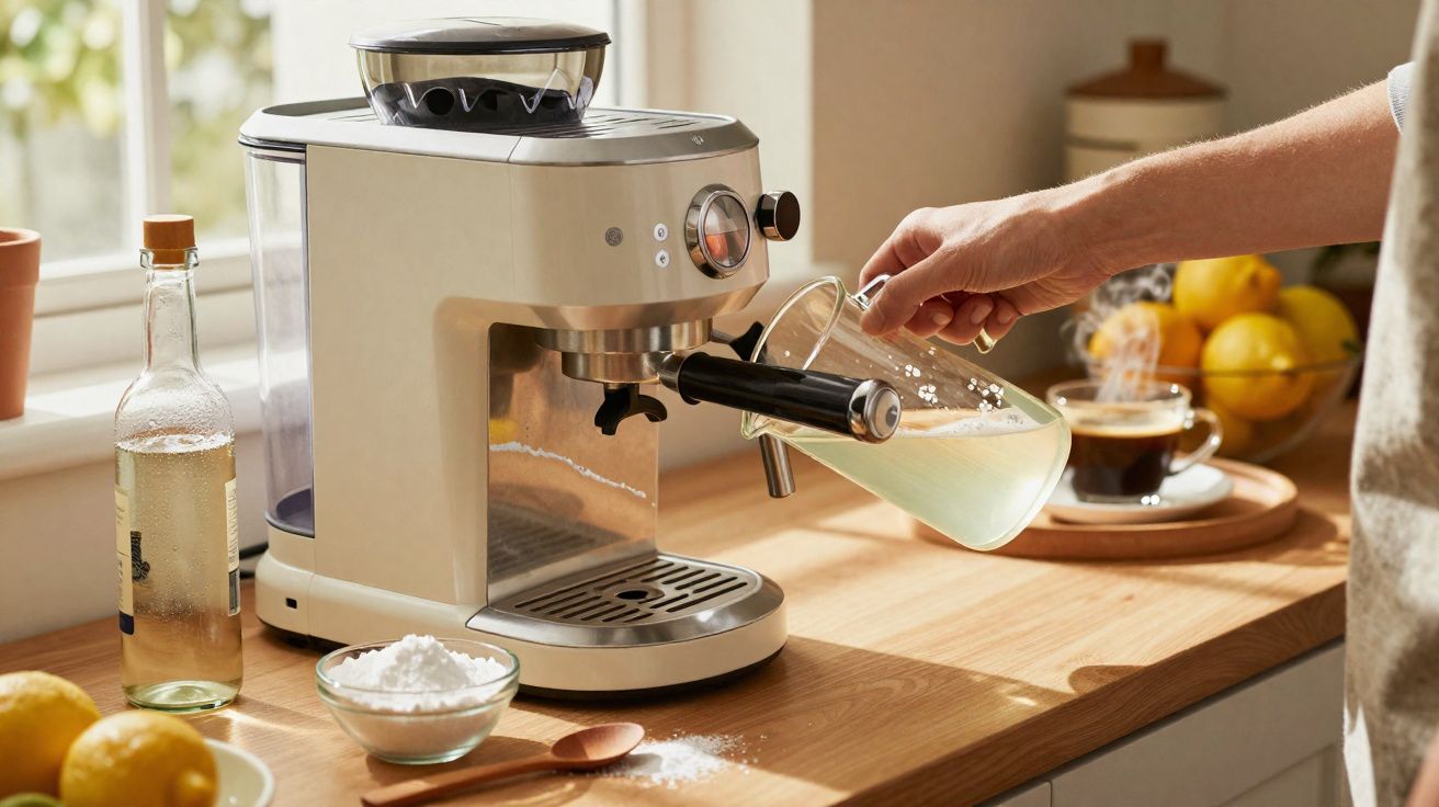 Machine à café automatique crème sur un plan de travail en bois avec main versant du lait.