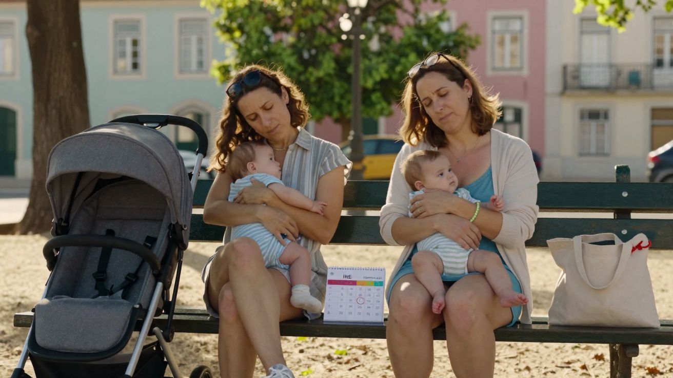 Deux femmes assises sur un banc, chacune tenant un bébé, avec une poussette et un calendrier entre elles.