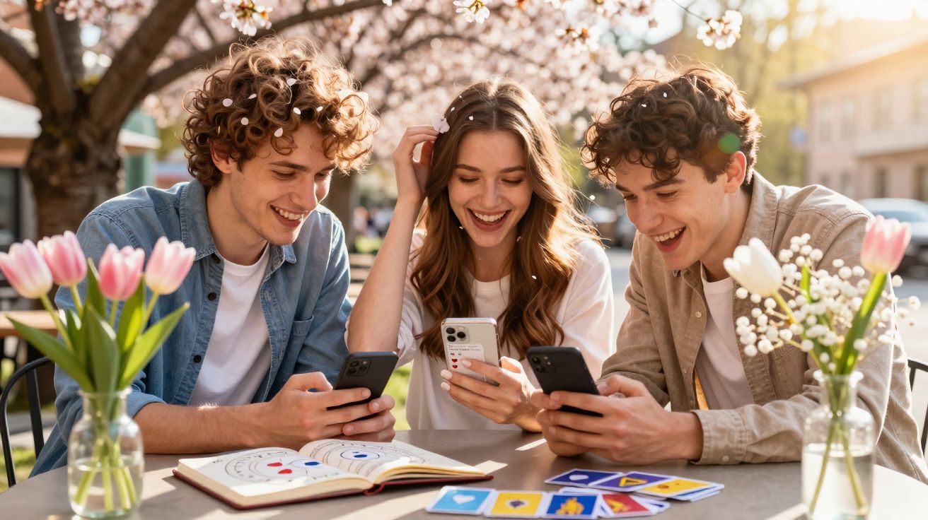 Trois jeunes souriants regardent leurs téléphones dehors sous un arbre en fleurs au printemps.