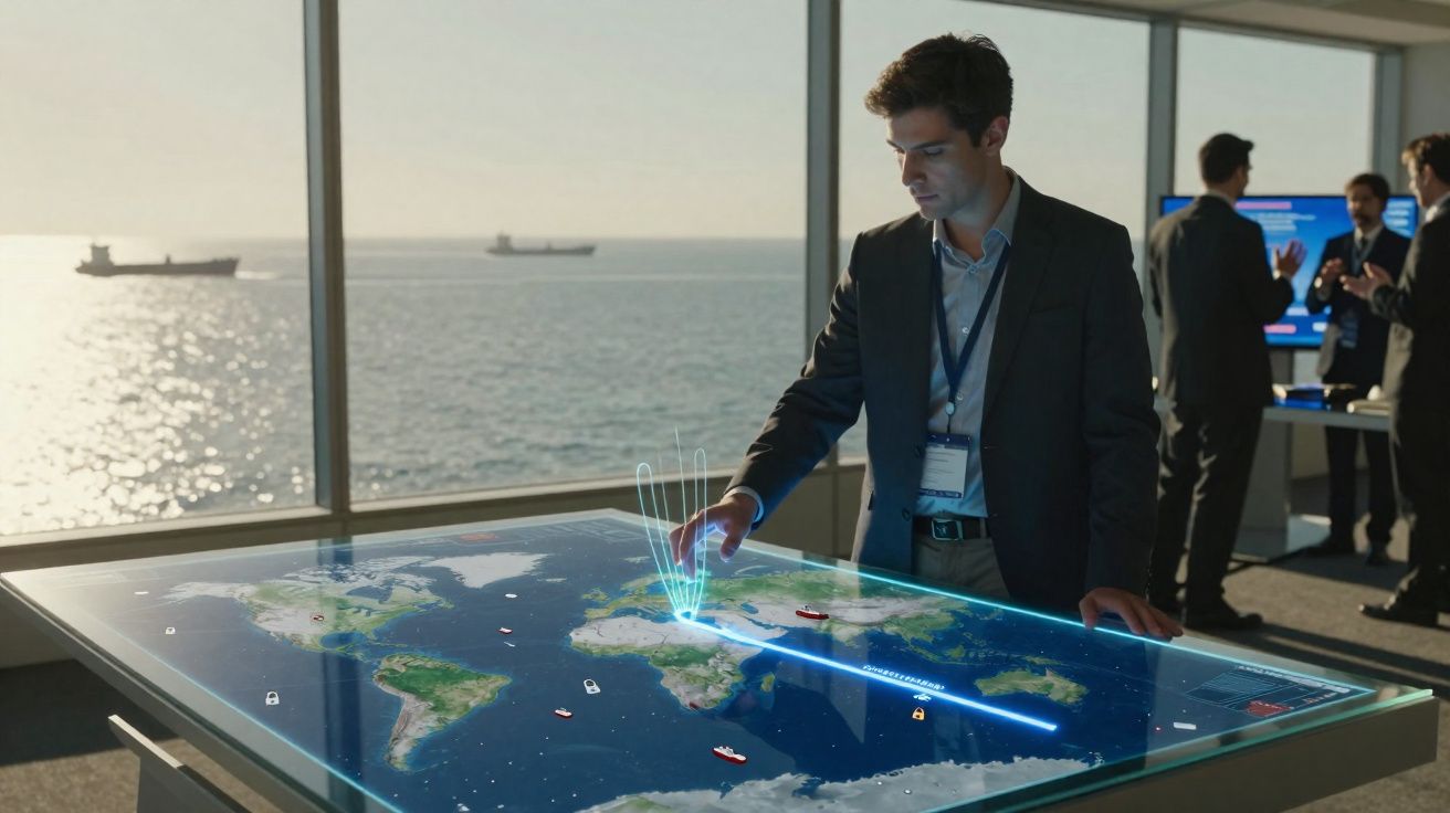 Homme d'affaires interagissant avec une table tactile affichant une carte mondiale dans une salle avec vue sur la mer.