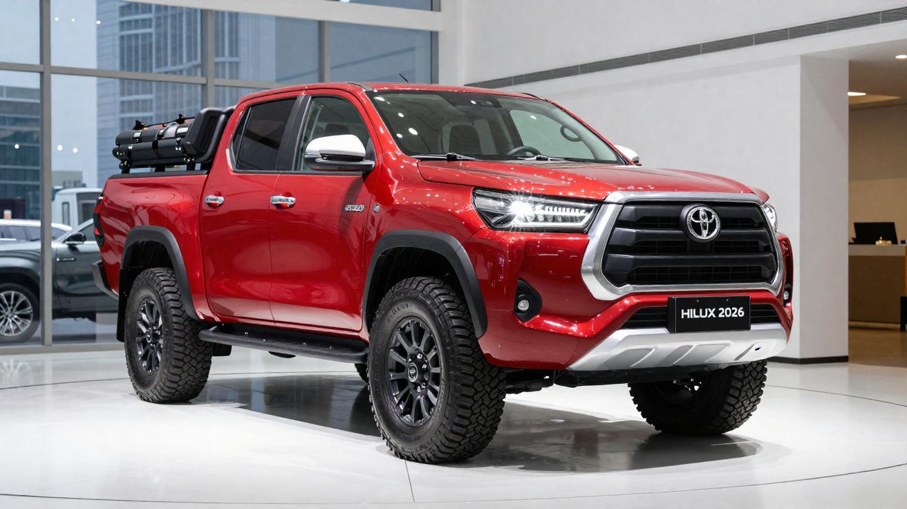 Pick-up Toyota Hilux rouge modèle 2026 exposé en intérieur sur un sol blanc brillant.