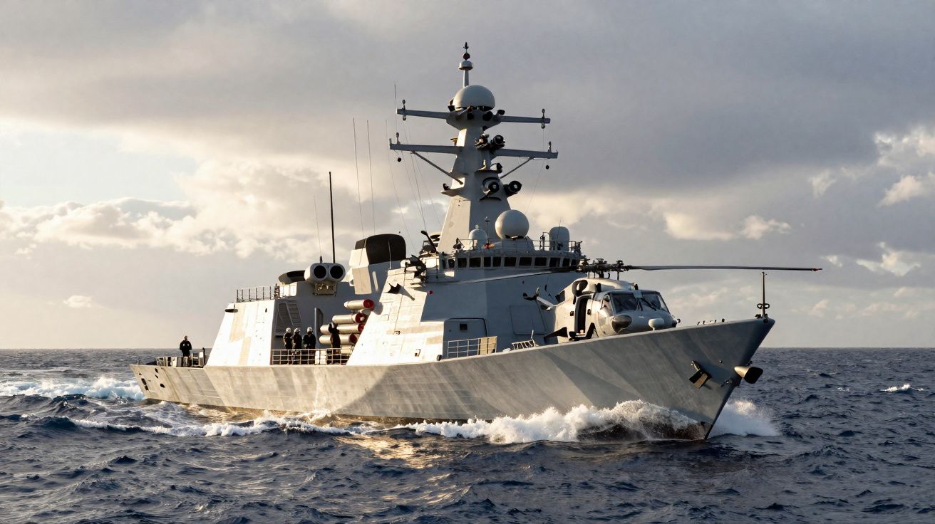 Navire de guerre moderne naviguant en mer sous un ciel partiellement nuageux au coucher du soleil.