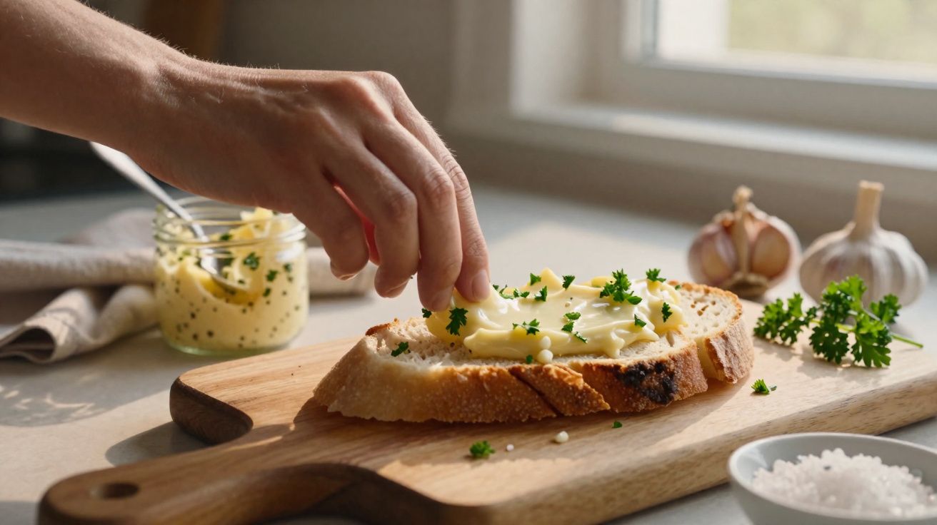 Main tartinant du beurre aux herbes sur une tranche de pain sur une planche en bois.