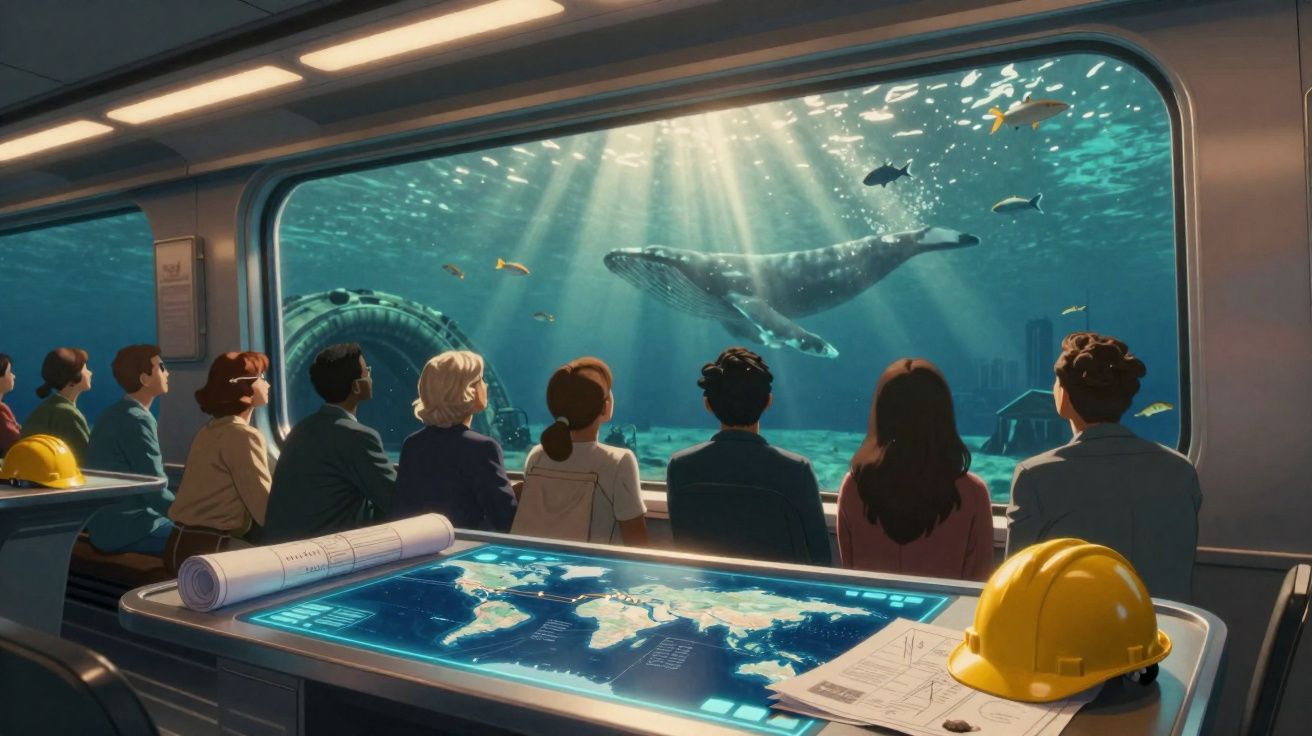 Personnes observant une baleine et des poissons à travers une grande vitre sous-marine depuis un bureau moderne.