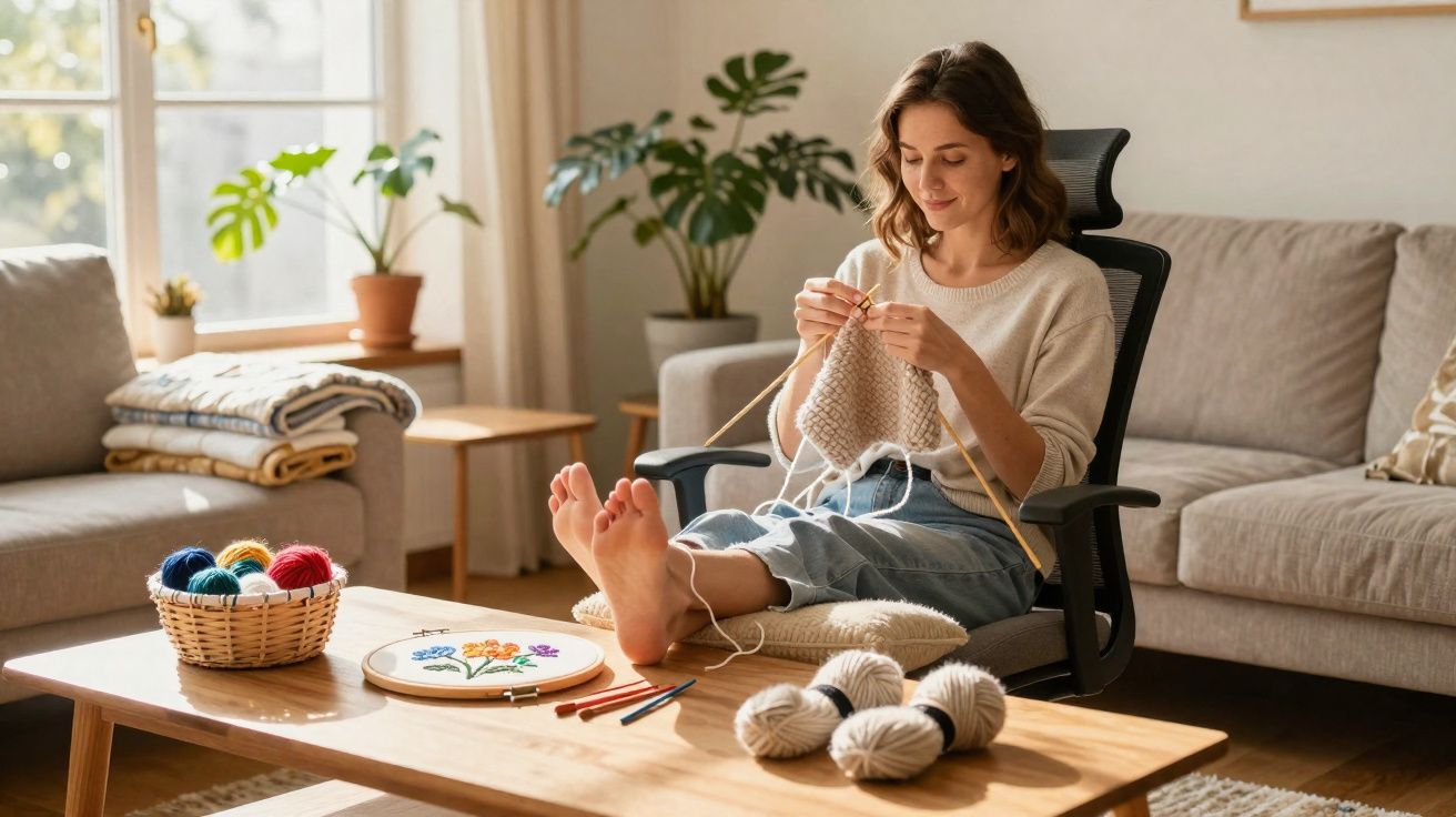 Femme détendue tricotant dans un fauteuil, pieds sur coussin, table avec pelotes de laine et broderie florale.
