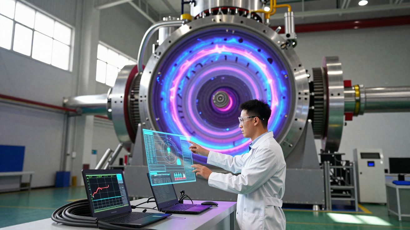 Scientifique en blouse blanche analysant des données sur ordinateurs devant un grand équipement futuriste en laboratoire.