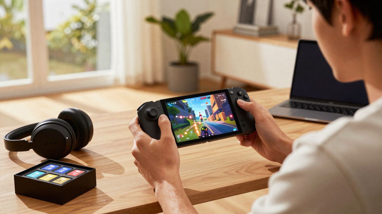 Personne jouant à un jeu vidéo sur une console portable noire, avec casque et ordinateur portable sur bureau en bois.