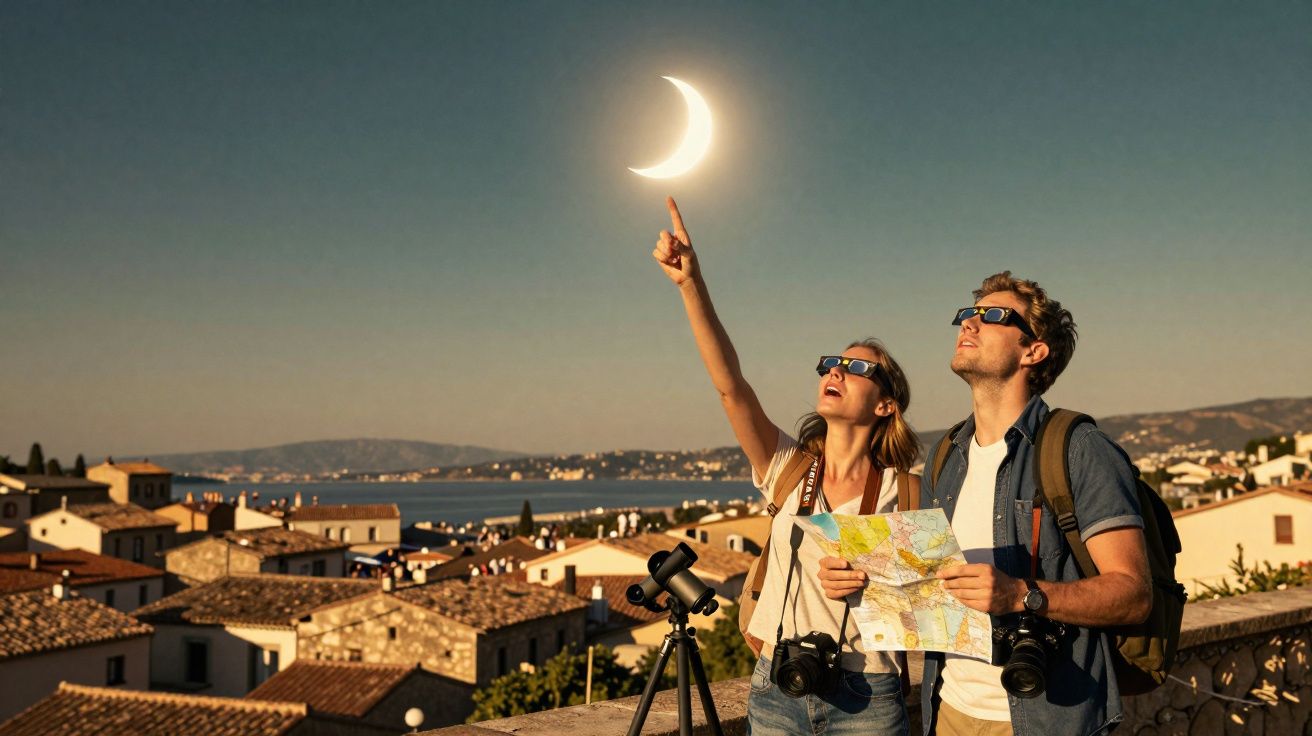 Un couple de touristes avec lunettes d'observation pointe vers une éclipse partielle au-dessus d'une ville ensoleillée.