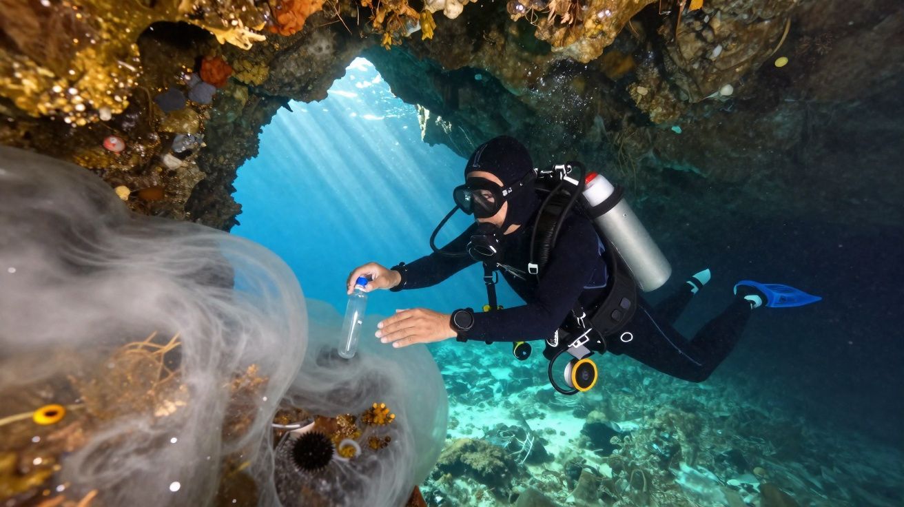 Plongeur en combinaison noire explorant une grotte sous-marine avec équipements et recueillant un échantillon océanique.