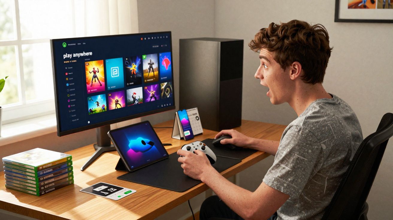 Jeune homme surpris jouant à un jeu vidéo sur ordinateur avec manette, écran et tablette sur bureau moderne.