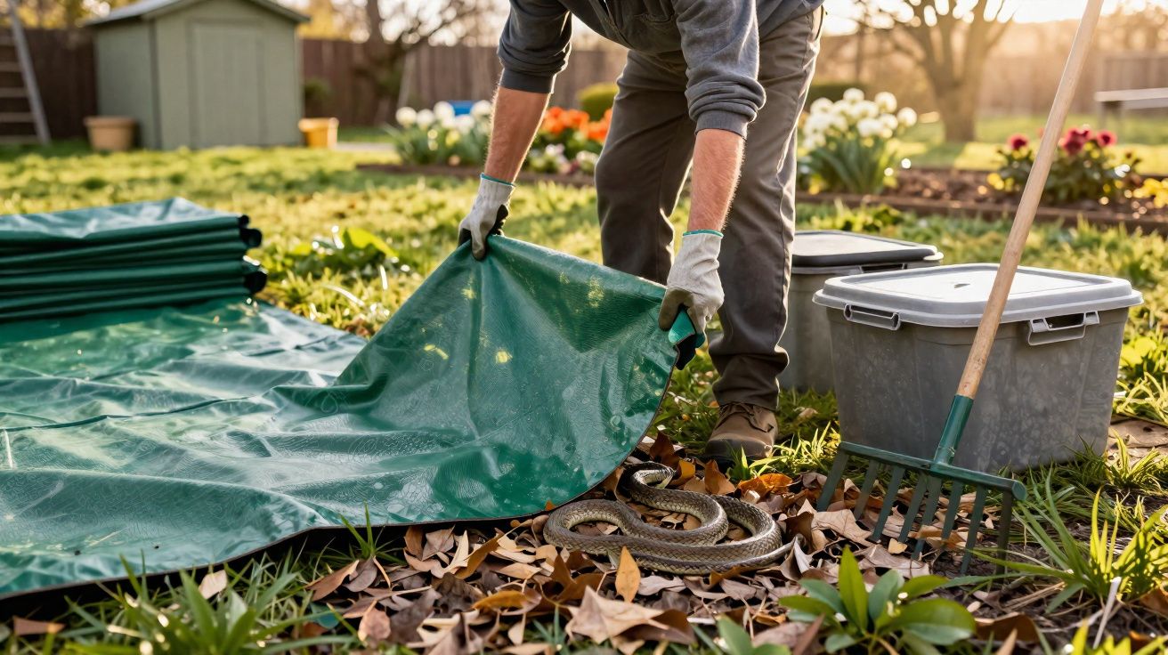 Personne ramassant une bâche verte dans un jardin où se trouve un serpent parmi les feuilles mortes.