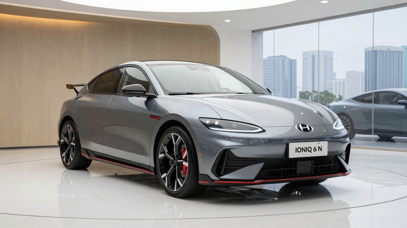 Hyundai Ioniq 6 N grise en exposition dans un showroom moderne avec grandes baies vitrées.