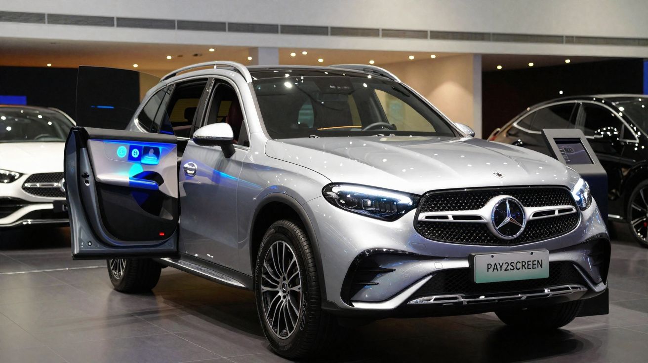 Véhicule Mercedes-Benz SUV gris avec porte avant gauche ouverte et écran numérique visible en showroom.