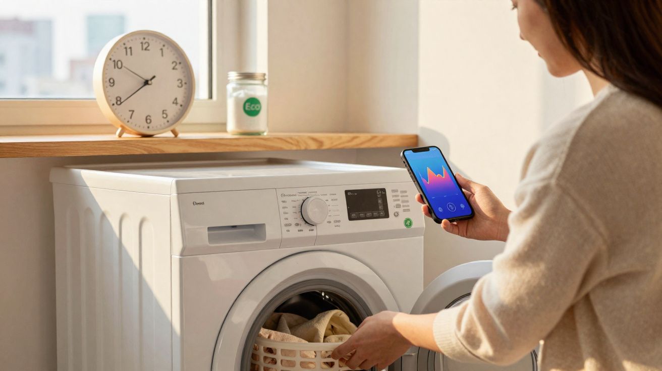 Personne contrôlant une machine à laver avec un smartphone, horloge ronde sur une étagère près de la fenêtre.