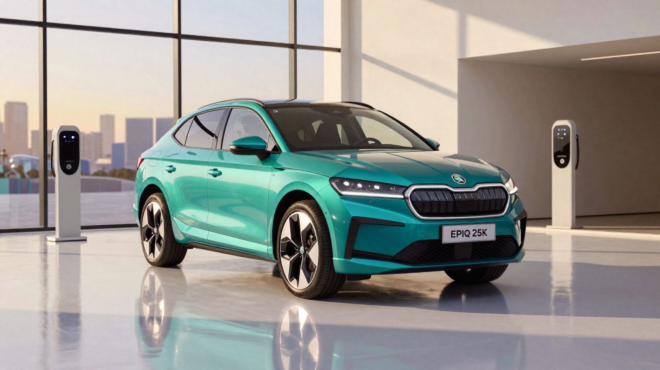 Voiture électrique Skoda Epiq 25K turquoise stationnée dans un garage moderne avec bornes de recharge.