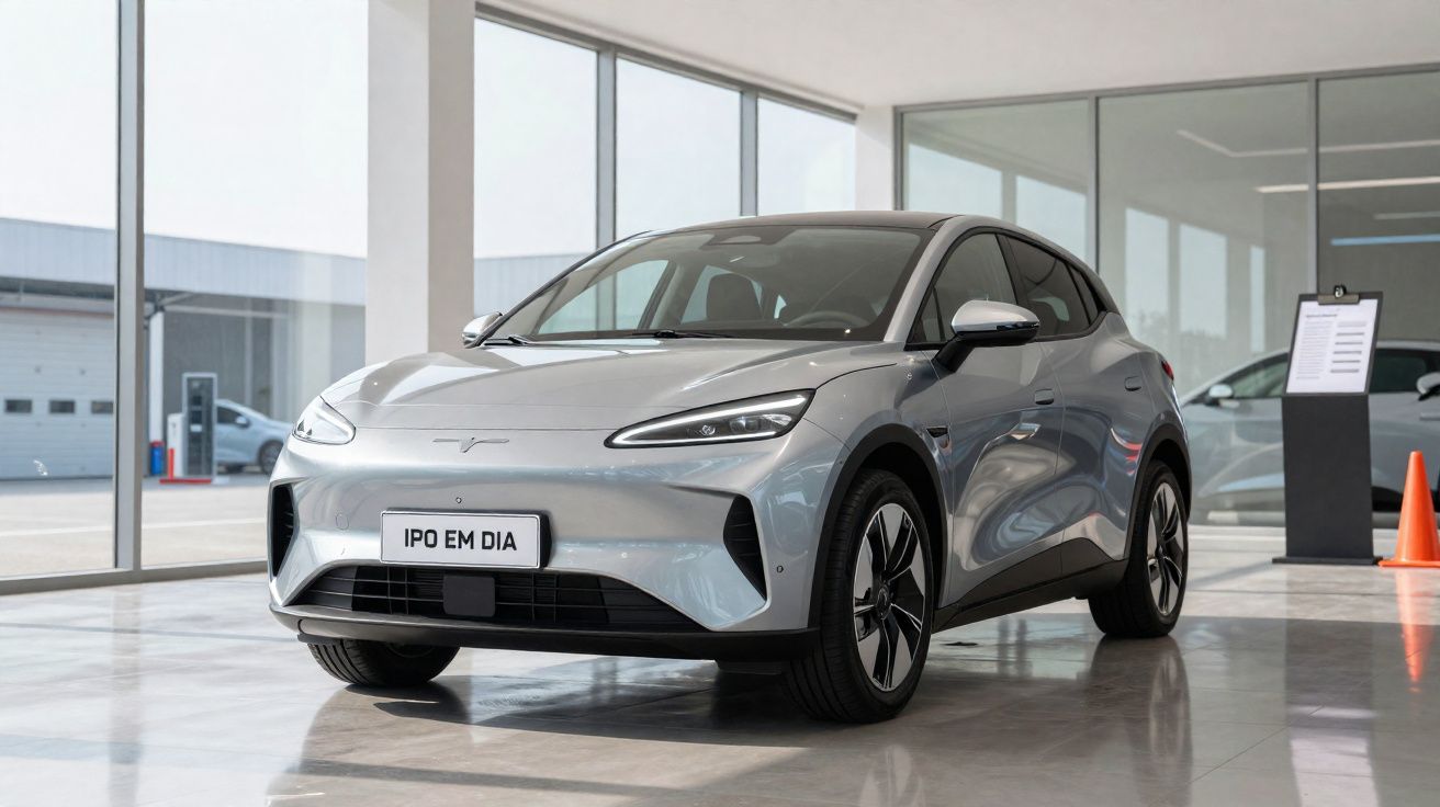 Voiture électrique moderne gris clair exposée dans un showroom avec grandes fenêtres et sol brillant.