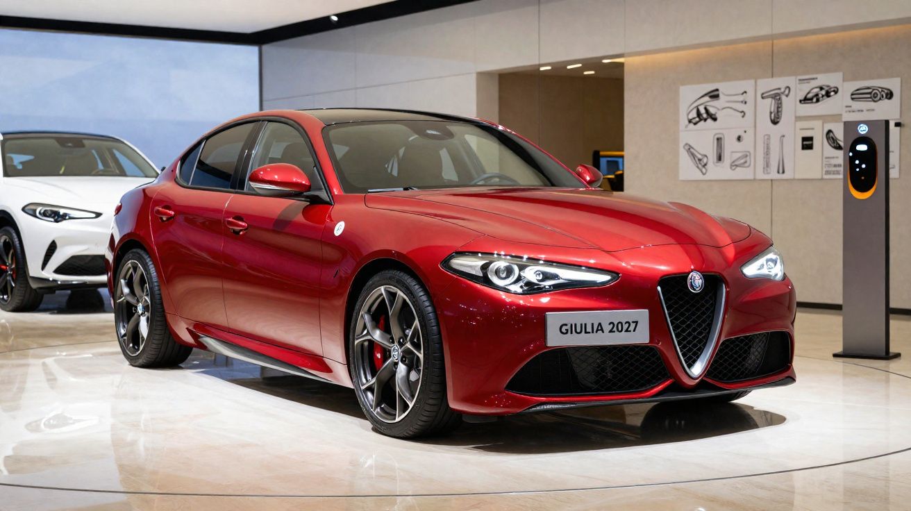 Voiture rouge Alfa Romeo Giulia 2027 exposée en intérieur, avec une autre voiture blanche en arrière-plan.