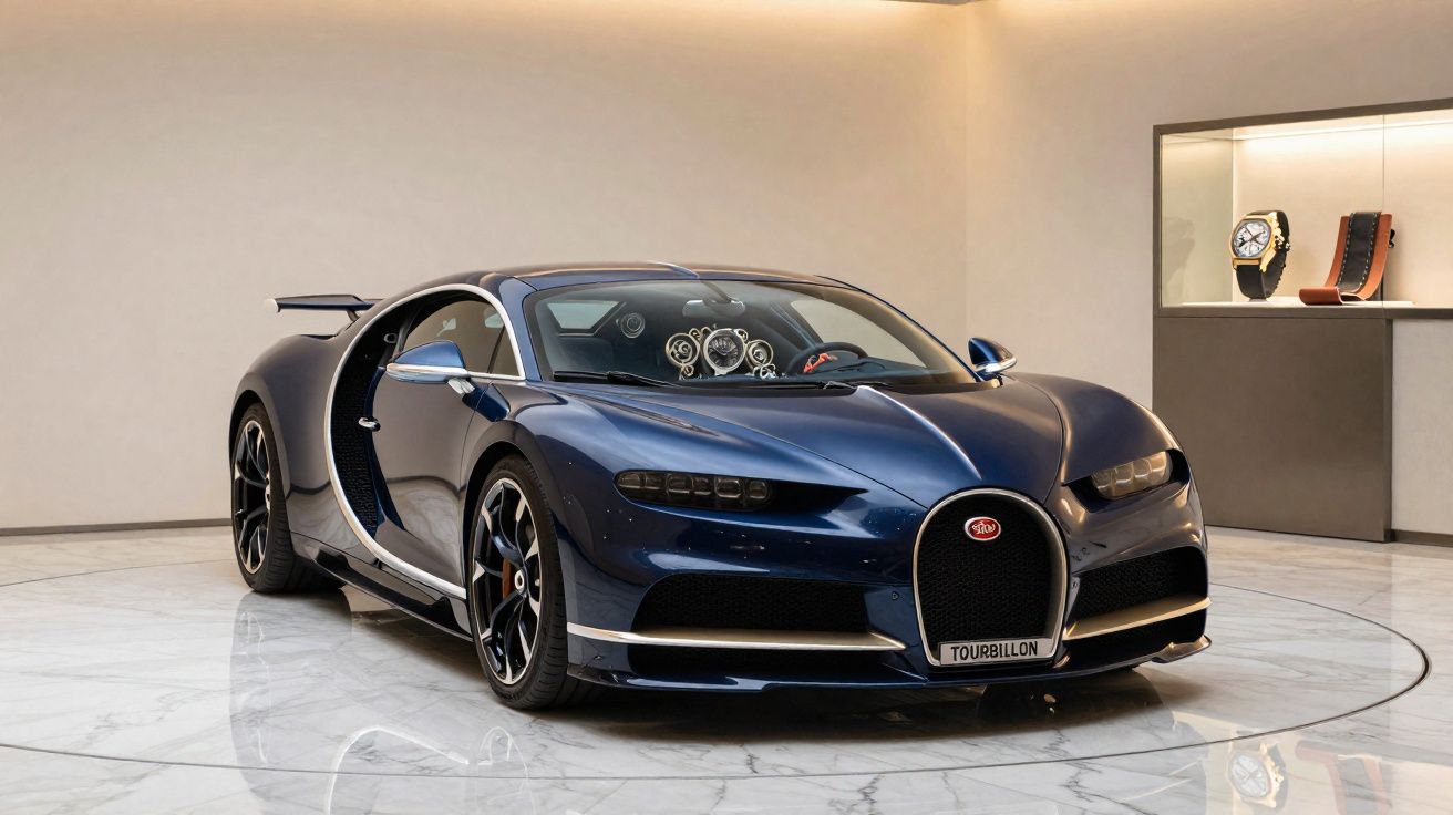 Voiture de sport Bugatti Chiron bleue exposée sur un sol en marbre avec une montre dans une vitrine en arrière-plan.