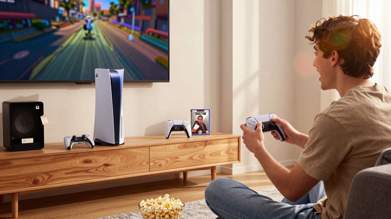 Jeune homme jouant à une console PlayStation 5 avec manettes, écran de jeu et bol de pop-corn dans un salon lumineux.