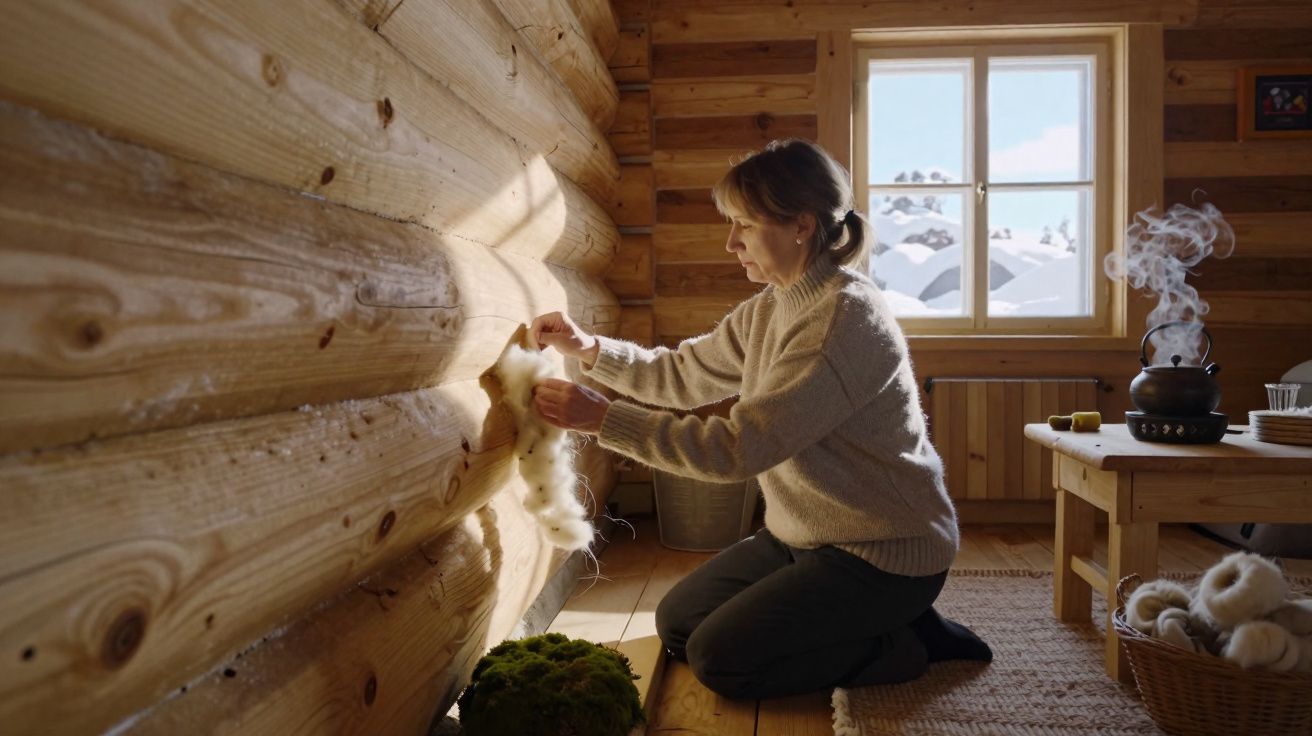 Femme en pull tricoté posant de la laine sur un mur en rondins dans un intérieur en bois chaud.