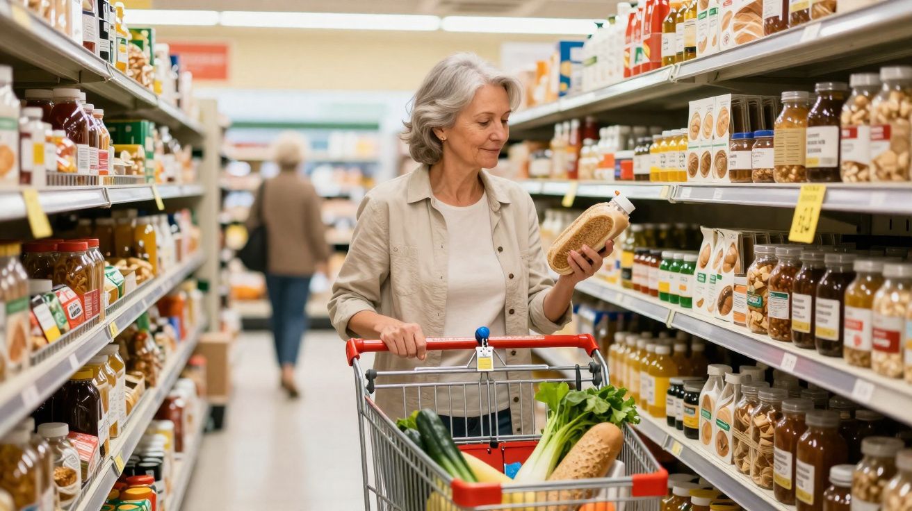 Femme âgée tenant une bouteille et poussant un chariot de courses avec légumes dans une allée de supermarché.