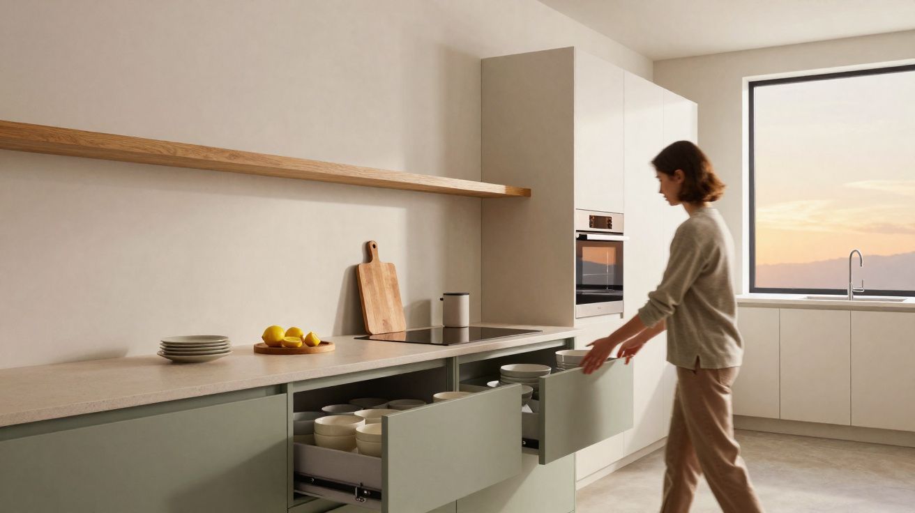 Personne ouvrant un tiroir dans une cuisine moderne minimaliste avec vue sur une fenêtre au coucher du soleil.
