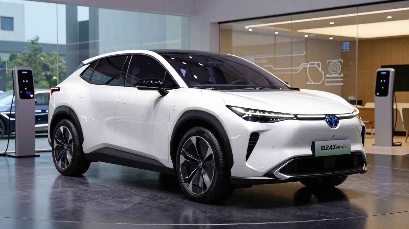SUV électrique blanc Toyota bZ4X exposé en intérieur avec bornes de recharge.