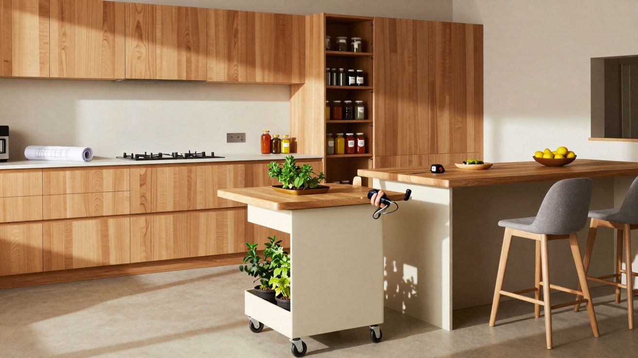 Cuisine moderne avec îlot central, meubles en bois clair et plantes en pot sur un chariot mobile.