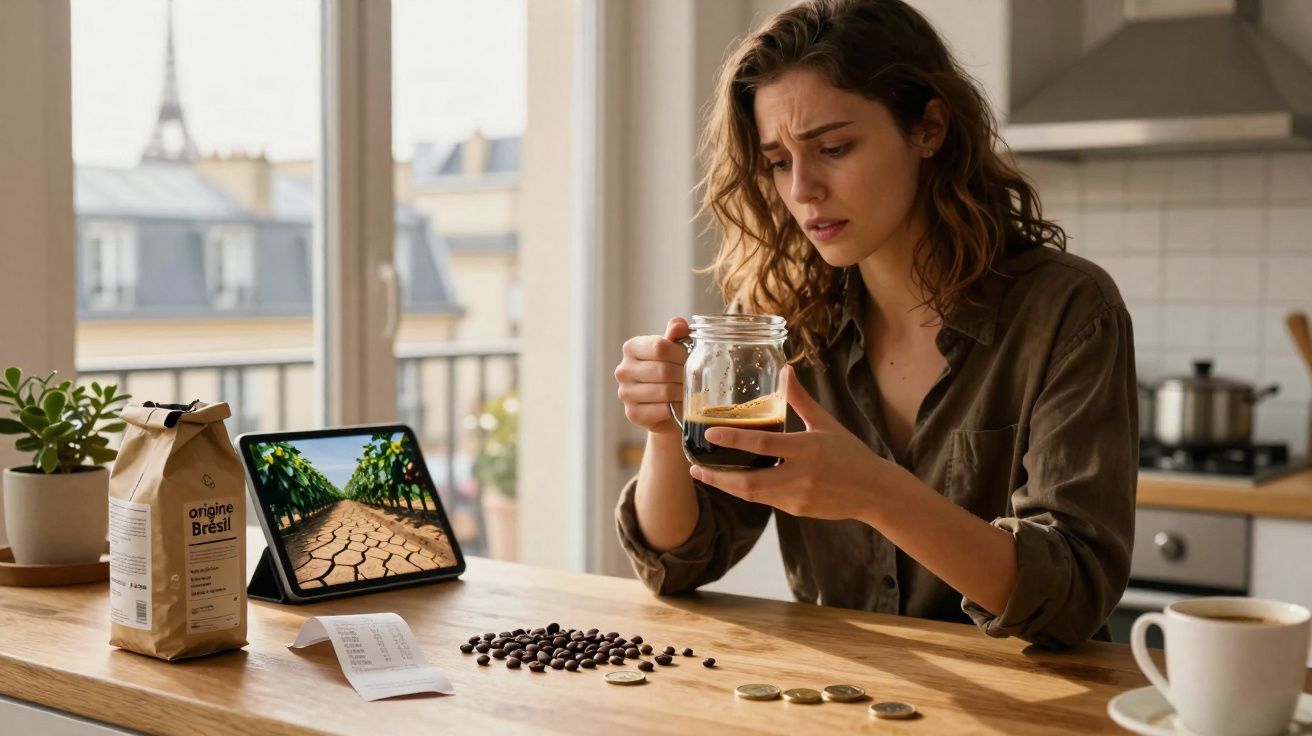 Femme inquiète regardant un café noir dans une tasse, avec des grains de café et des pièces sur une table en bois.