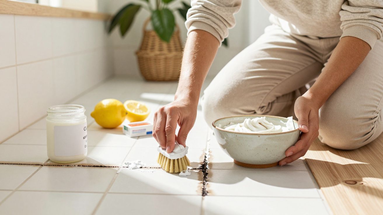 Personne nettoyant le carrelage au sol avec une brosse et un bol de mousse blanche, citron et produits ménagers à côté.